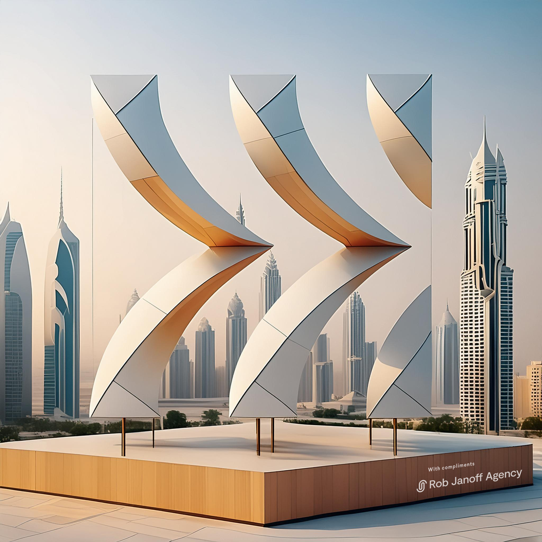 Exeed sculptural brand artwork against a city skyline, with Rob Janoff Agency credit
